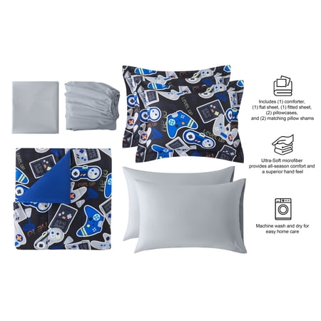 YOUR ZONE GLOW IN THE DARK 7-PIECE GAMER BEDDING SET FOR KIDS WITH FABRIC STORAGE BAG, FULL