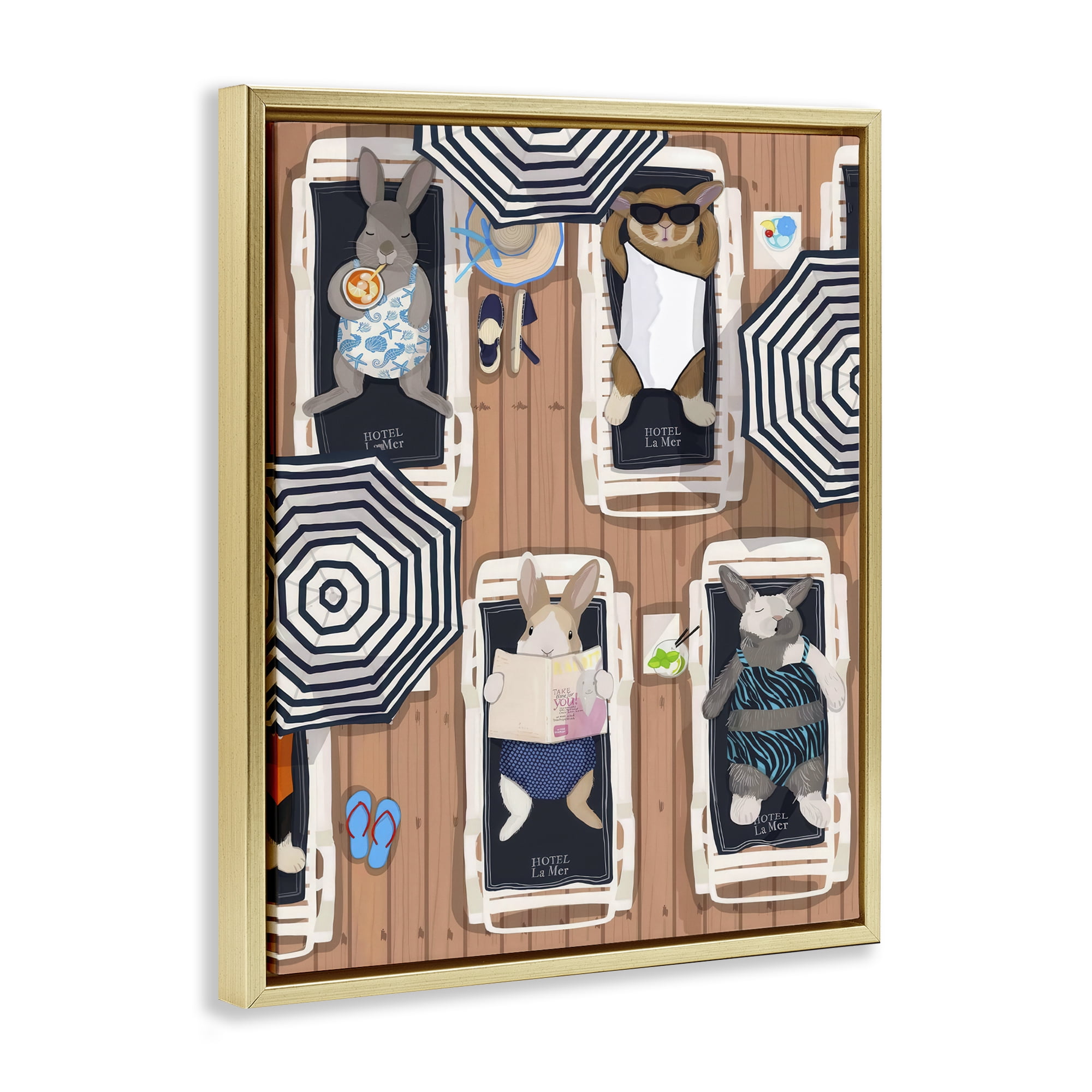 Stupell Industries Rabbits at Hotel La Mer Gold Framed Floater Canvas Wall Art, design by Hanna Melin