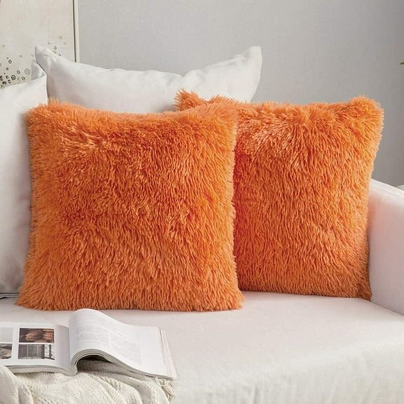 2 Pack Luxury Faux Fur Throw Pillow Covers, 18x18 Inch Orange (Halloween Theme), for Sofa, Bedroom, Car, Fall Decorative Plush Cushion Covers