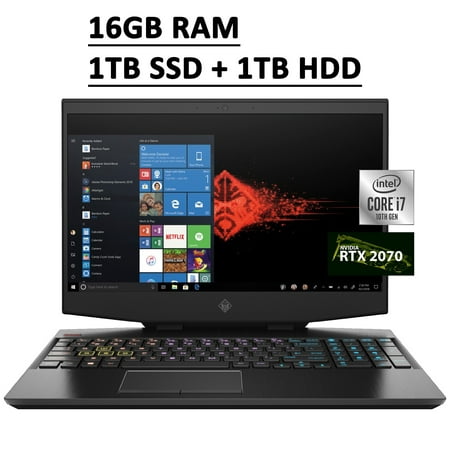 HP OMEN 15 Gaming Laptop 15.6" FHD 144Hz IPS 72% NTSC Display 10th Gen Intel 6-Core i7-10750H 16GB RAM 1TB SSD 1TB HDD GeForce RTX 2070 8GB RGB Backlit Keyboard Thunderbolt WiFi6 Win10 Black