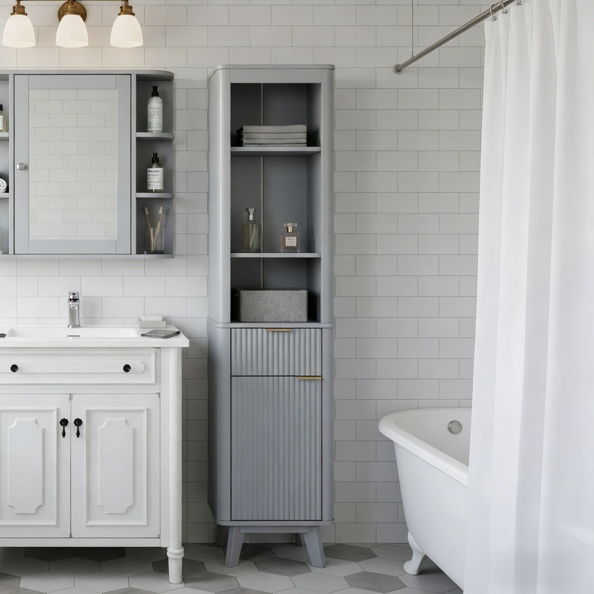 Leumius 68" H Tall Bathroom Storage Cabinet with Adjustable Shelves,One Drawer & Door, Storage Cabinet for Bathroom, Living Room, Entryway,Gray