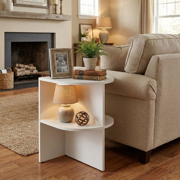 Resenkos Half Round End Table with Open Shelves, Compact Side Table for Small Space Living Room Bedroom, White