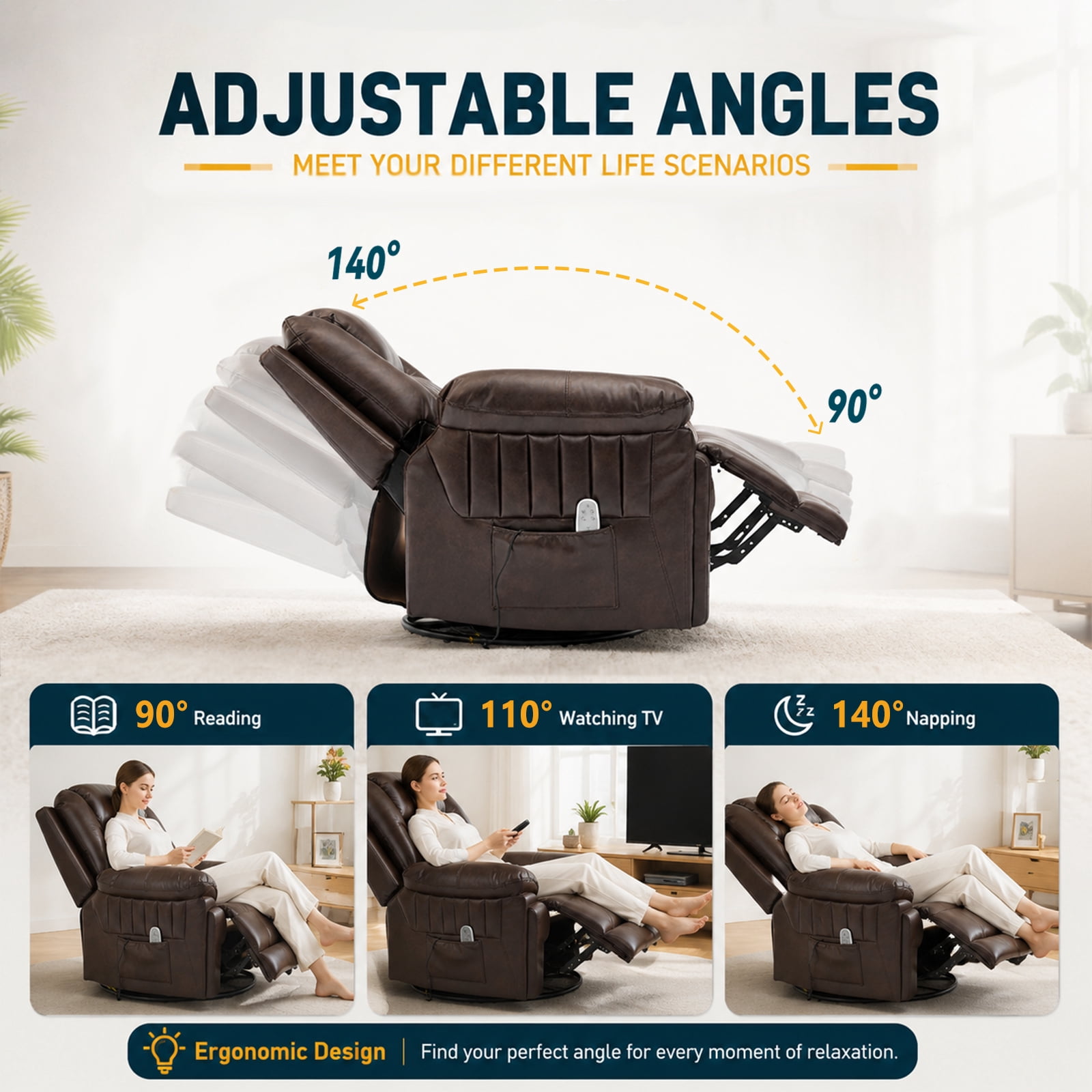 Pmango Electric Automatic Rocking Recliner Chair for Adults with 3 Speeds, Wired Remote Control, Power Auto Rocking Recliner, 5-15 Minutes Rocking Timer Function, for Living Room, Nursery, Brown