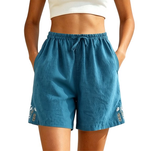 Karymi Biker Shorts Women Cotton Linen Drawstring Elastic High Waist Floral Embroidery Hem Loose Casual Bermuda Solid Shorts with Side Pockets Biker Shorts Women
