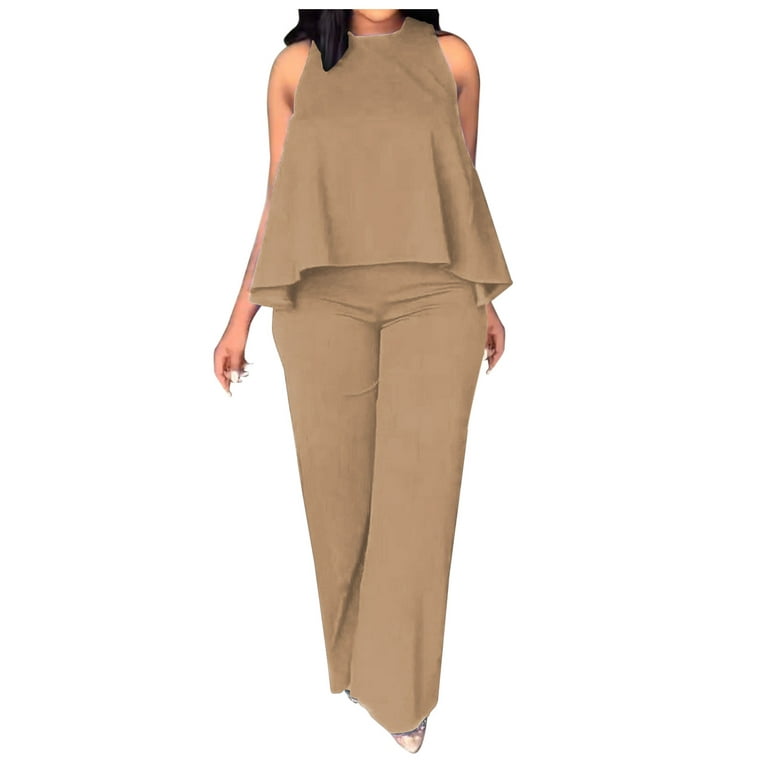 Yuwull Women's Summer Casual 2 Piece Outfits Halter Basic Top and Long Wide  Leg Pants Set with Pockets Business Casual Outfits for Women Khaki