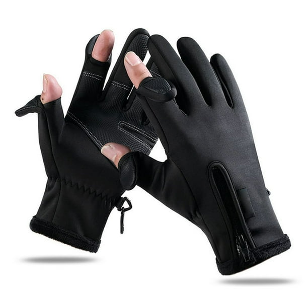 Guantes de pesca cálidos, acolchados y gruesos, con pantalla táctil, 2 dedos cortados, impermeables, para ciclismo, color negro, XL