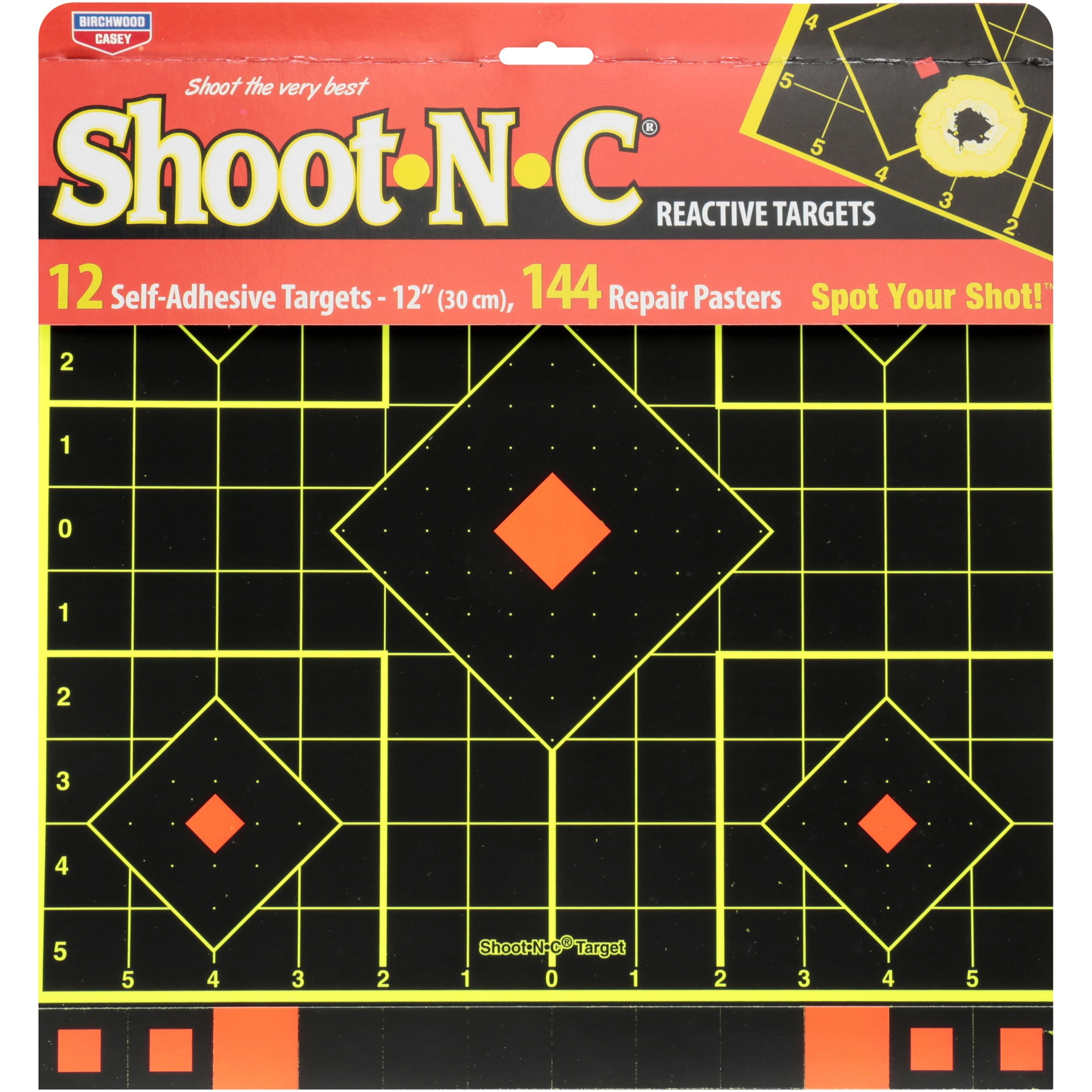 BIRCHWOOD CASEY Shoot-N-C 12" Sight-In Reactive Target - Highly Visible Instant Feedback Self-Adhesive Shooting Target Stickers with Repair Pasters - 12 Targets, 144 Pasters