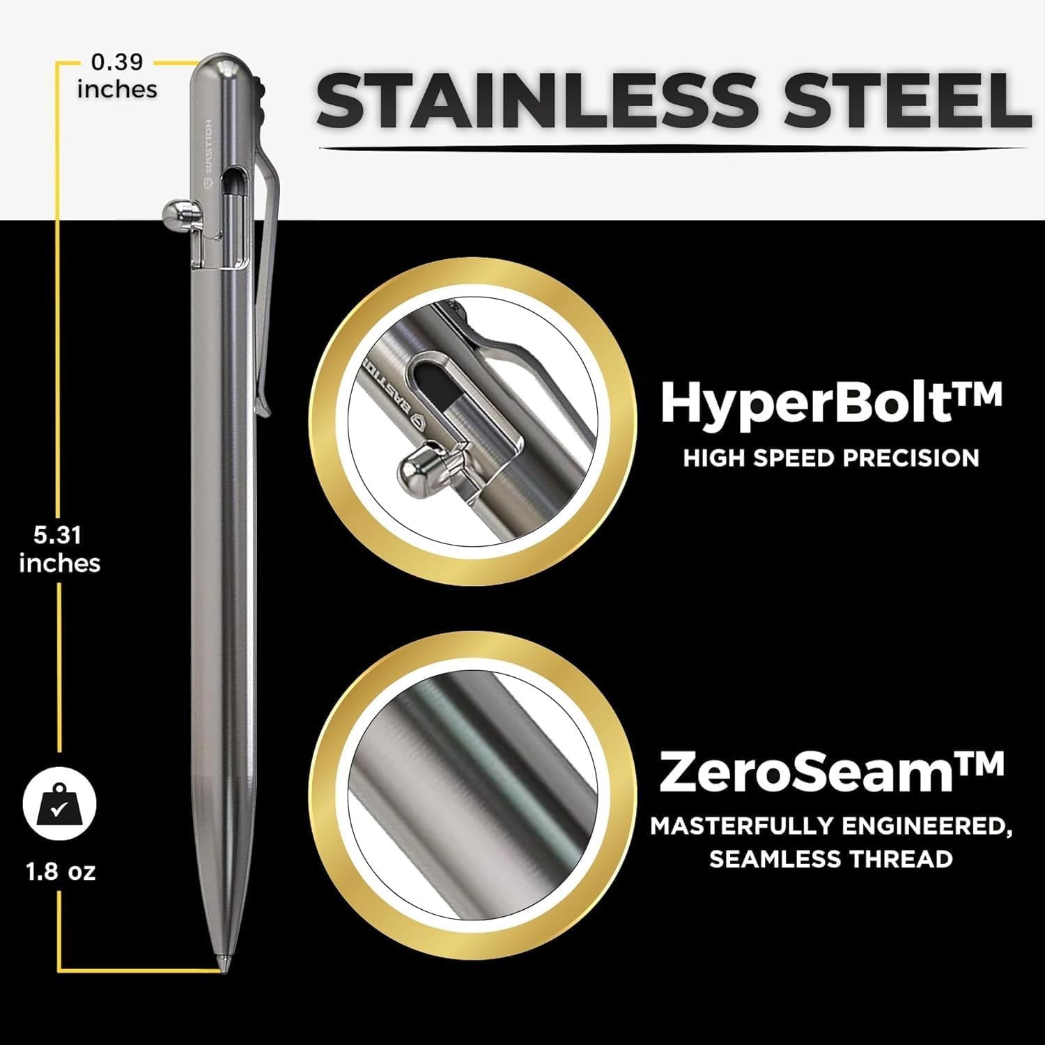 Bastion Stainless Steel Slim Bolt Action Pen, Ballpoint Refillable, 1 Count