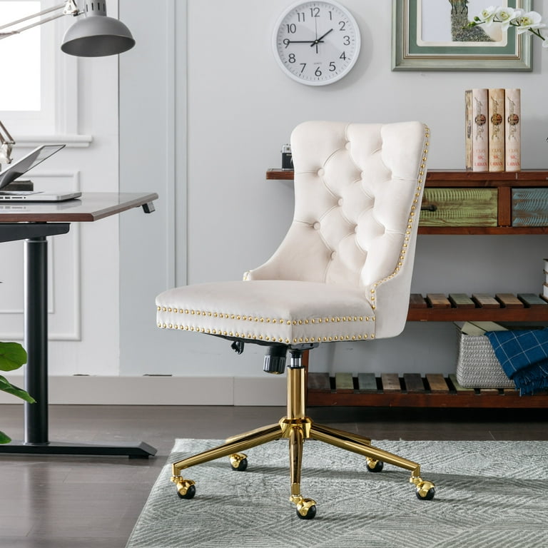 Home Office Chair with Wheels Velvet Upholstered Tufted Button Armless Adjustable Swivel Task Desk Chair with Golden Metal Base Ergonomic Office