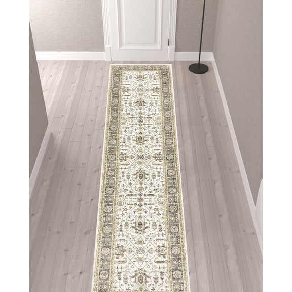 2' X 10' Ivory Grey And Blue Oriental Power Loom Stain Resistant Runner Rug