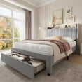 thumbnail image 1 of Full Size Bed Frame with Storage Headboard, Wooden Full Bed Frame with Charging Station, Metal Platform BedFrame with Large Drawers, No Box Spring Needed, Easy Assembly, Beige, 1 of 7