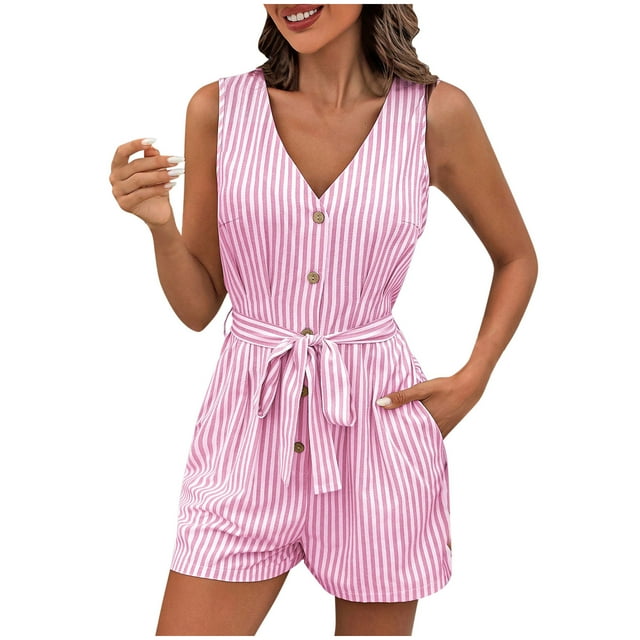 UAMVSH Jumpsuits for Women 2025 Trendy Stripe Printed Summer Vacation Rompers with Belt Soft Button down Pockets Overalls Clothes