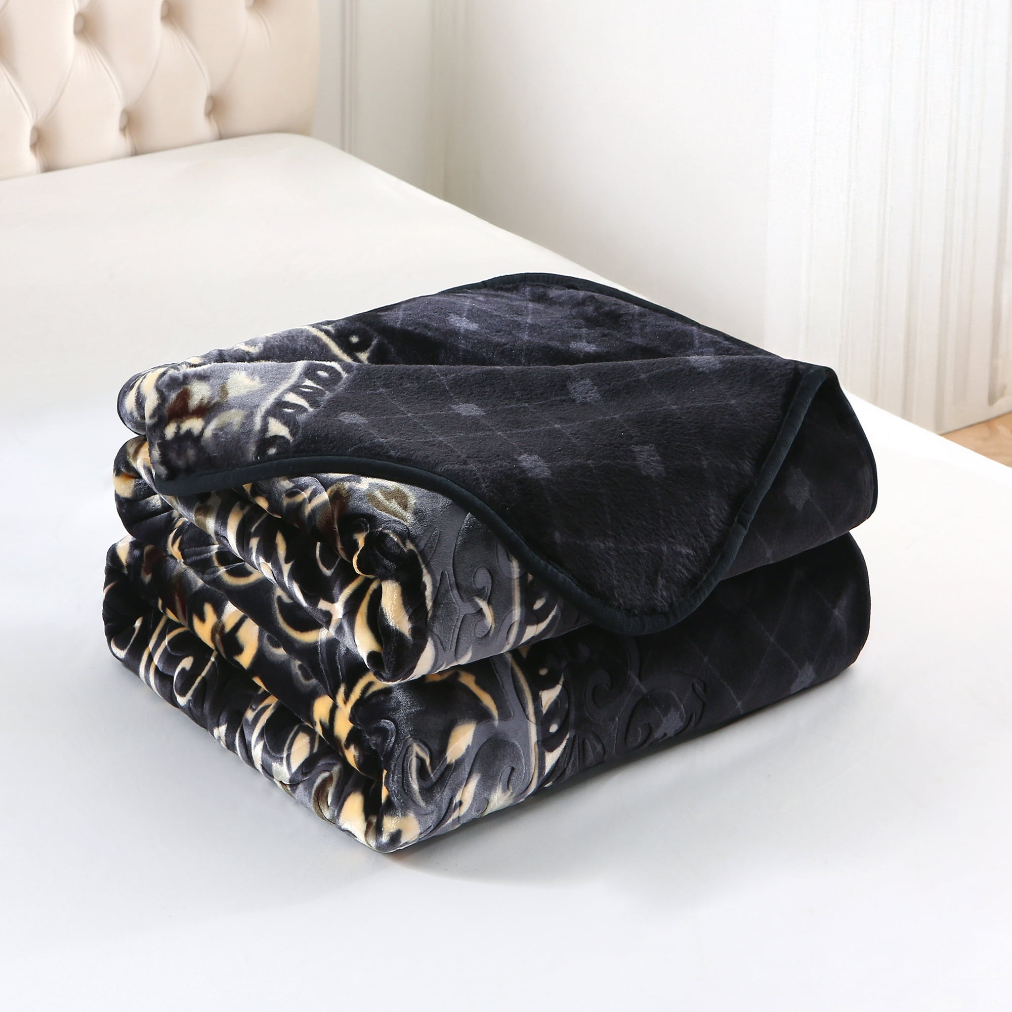 Heavy Thick Fleece Blanket King Size, 9lbs,1 Ply Silky Soft Warm Flower Embossed Raschel Winter Blanket, Minky Soft Plush Blanket for Sofa Bed, 85"x95", Black & Burgundy Floral