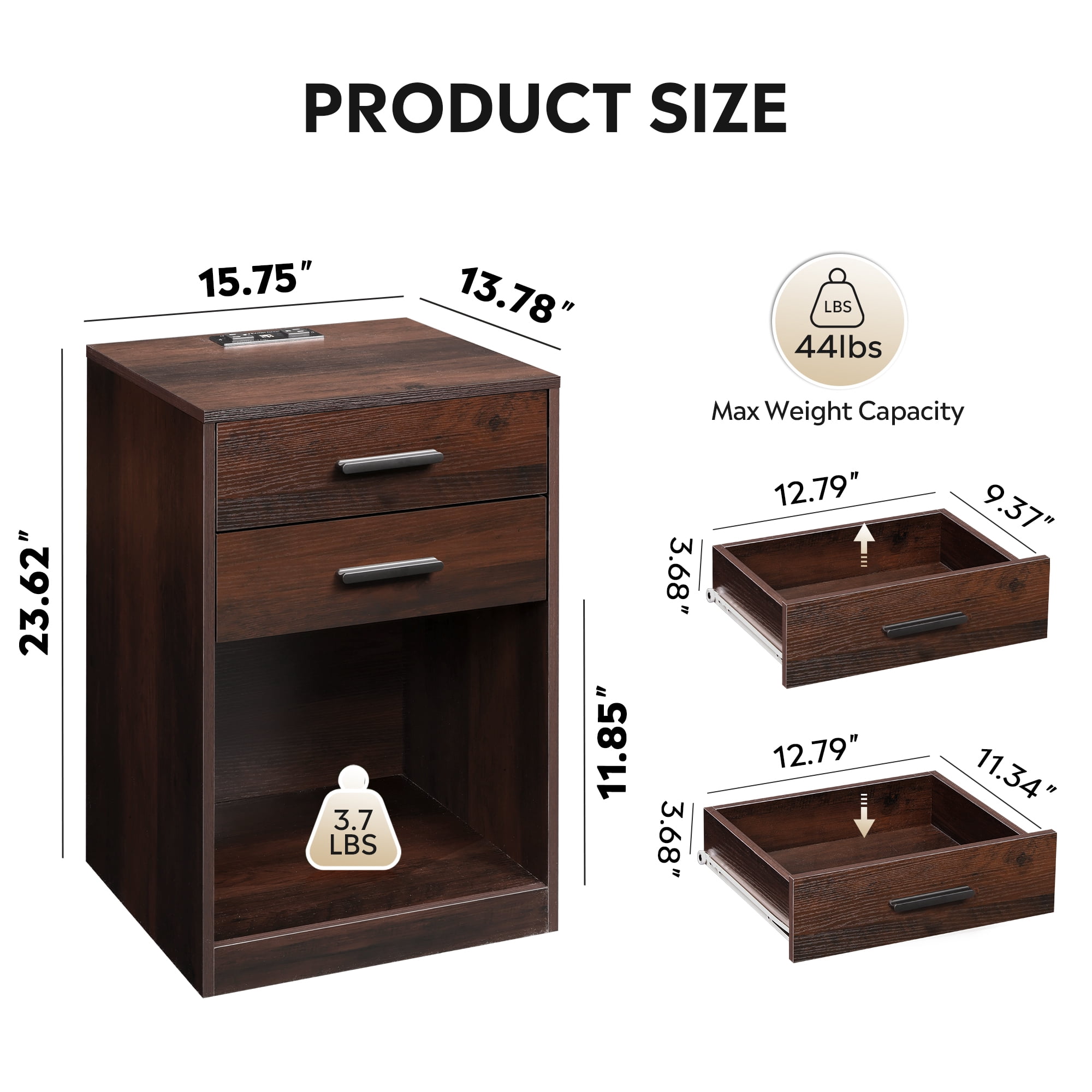 GALAXHERO Nightstand Set of 2 with Charging Station and 2 Drawers, Wood Bedside Table End Table with Open Shelf for Bedroom, Living Room, Espresso