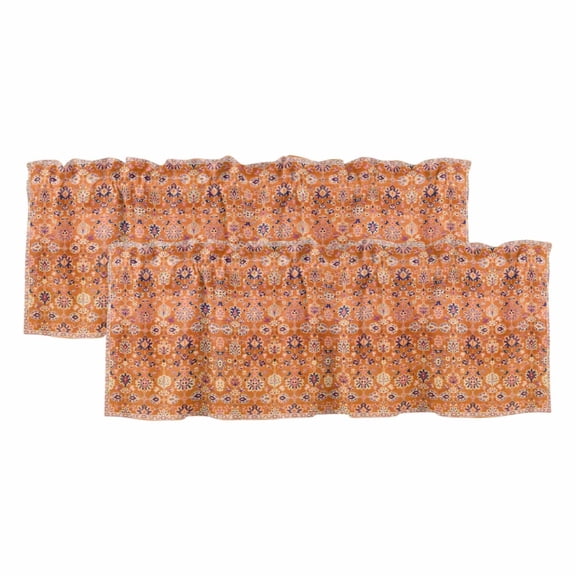 Boho Orange Valances for Windows, Decorative Rod Pocket Window Valance Curtains, Country Style Bohemian Floral Retro Tribal Short Curtain Drapes for Kitchen/Living Room, 2 Panels, 60" W x 18" L