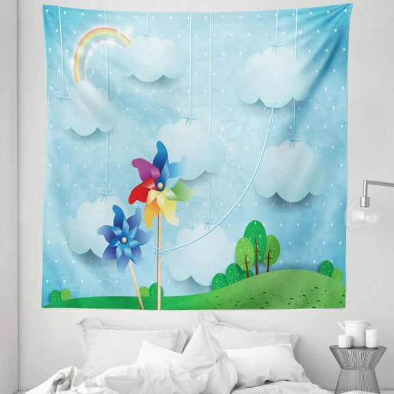 Pinwheel Tapestry, Surreal View with Hanging Cloud Sky Rainbow Idyllic Meadow Fantasy World Landscape, Fabric Wall Hanging Decor for Bedroom Living Room Dorm, 5 Sizes, Multicolor, by Ambesonne