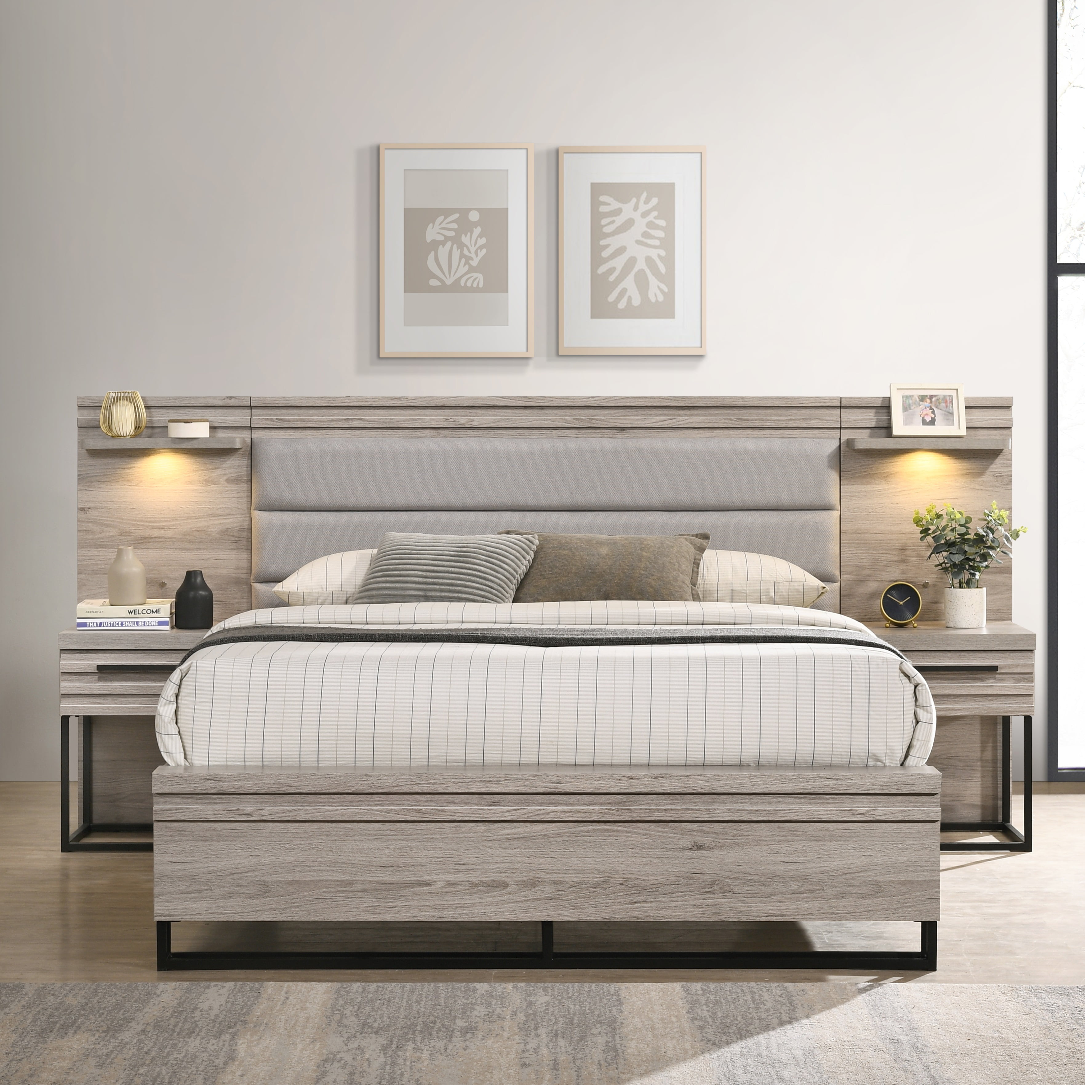 Roundhill Furniture Alvear Upholstered Wood Wallbed Bed with White LED