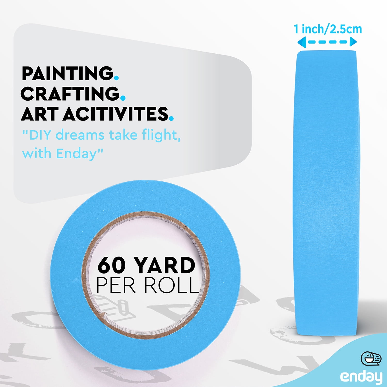 enday Masking Tape, 1" x 60 Yards, Light Blue, Pack of 6