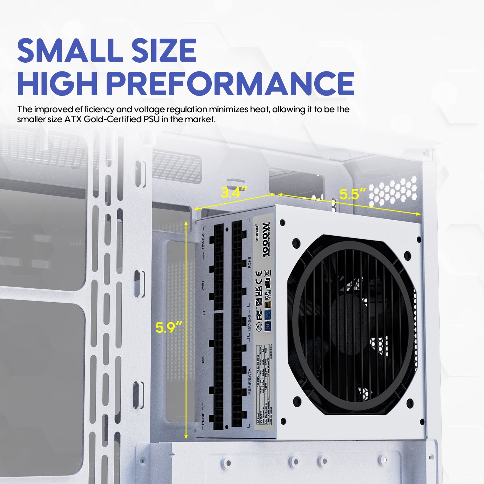 Vetroo 1000W Power Supply ATX 3.1 Ready Dual PCIe 5.1, White ATX Gaming 80 Plus Gold Full Modular Standard Compact Size PSU, Japanese 105°C Capacitors, Eco Mode w/ 120mm FDB Fan, 10 Year Warranty