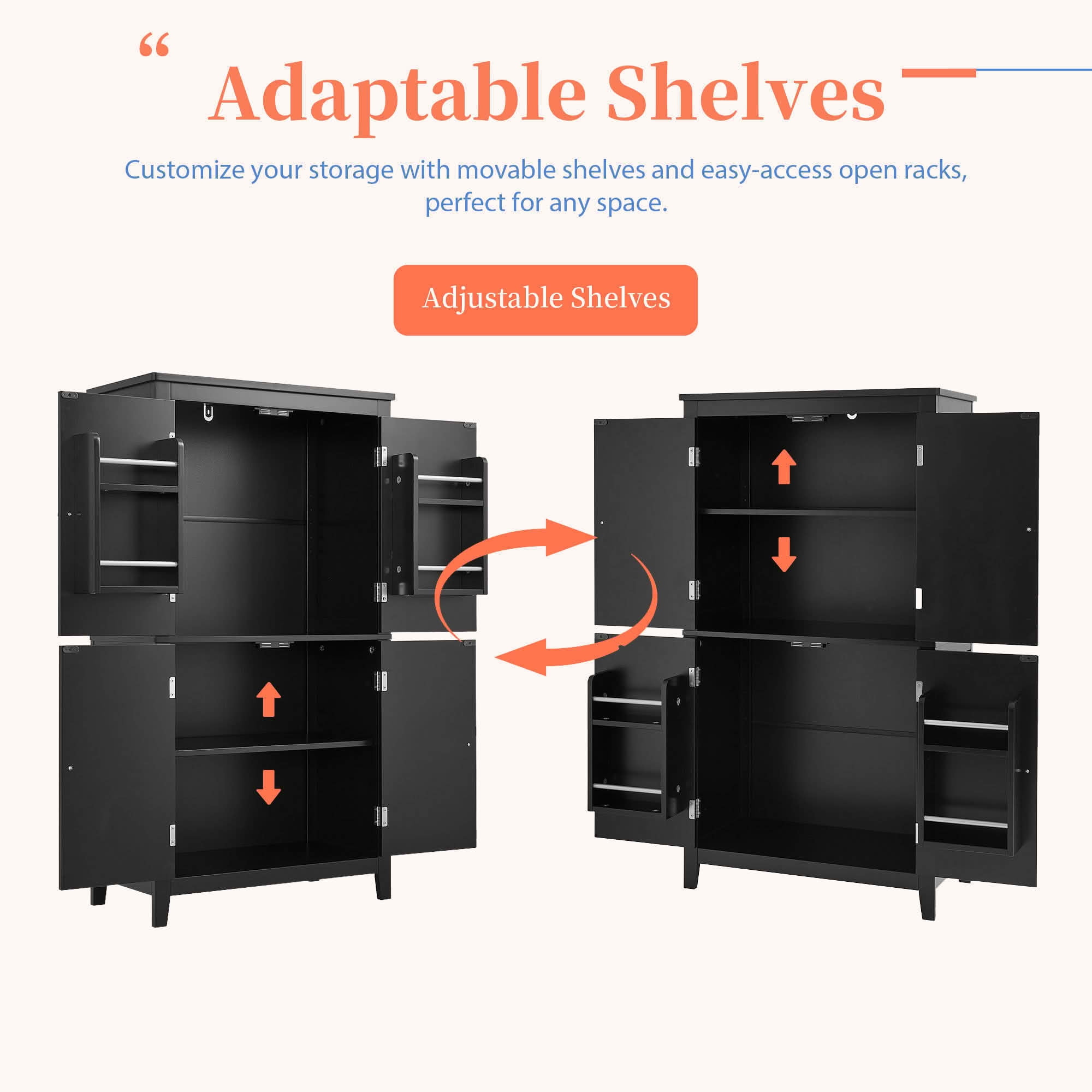 MAYEERTY Elegant Bathroom Cabinet Freestanding 4 Doors Adjustable Shelves Black