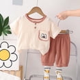thumbnail image 2 of SUYIDA Little Boy Outfits Size 3 Cute Print Short Sleeve T-Shirt & Shorts Set Loose Fit Crewneck Boys' Two Piece Summer Set Orange,4-5Y, 2 of 5