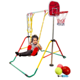 thumbnail image 1 of Gymnastics Bar for Kids 5 in 1 Height Adjustable Playground Set with Swing, 2X Trapeze Rings, Basketball Net + Balls, Horizontal Kip Bar Gymnastic Junior Training Bar + Accessories Included, 1 of 8