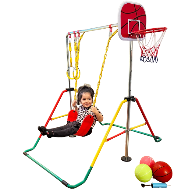 Gymnastics Bar for Kids 5 in 1 Height Adjustable Playground Set with Swing, 2X Trapeze Rings, Basketball Net + Balls, Horizontal Kip Bar Gymnastic Junior Training Bar + Accessories Included