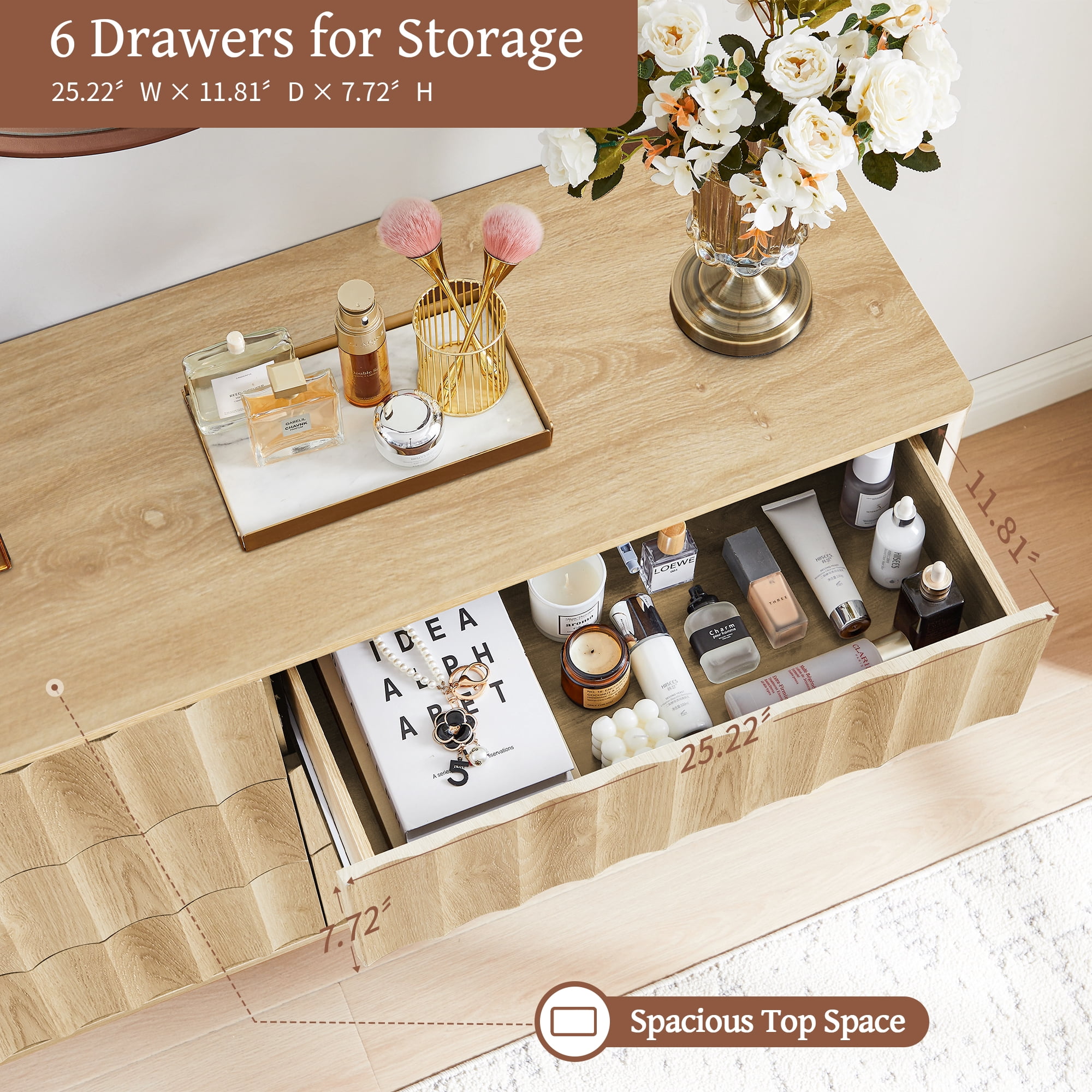 LEFHDA 53" Dresser Fluted 6 Drawer Dresser, Large Modern Chest of Drawers, Wide Wood Storage Dressers Organizer Storage Cabinet for Bedroom Living Room Hallway Entryway