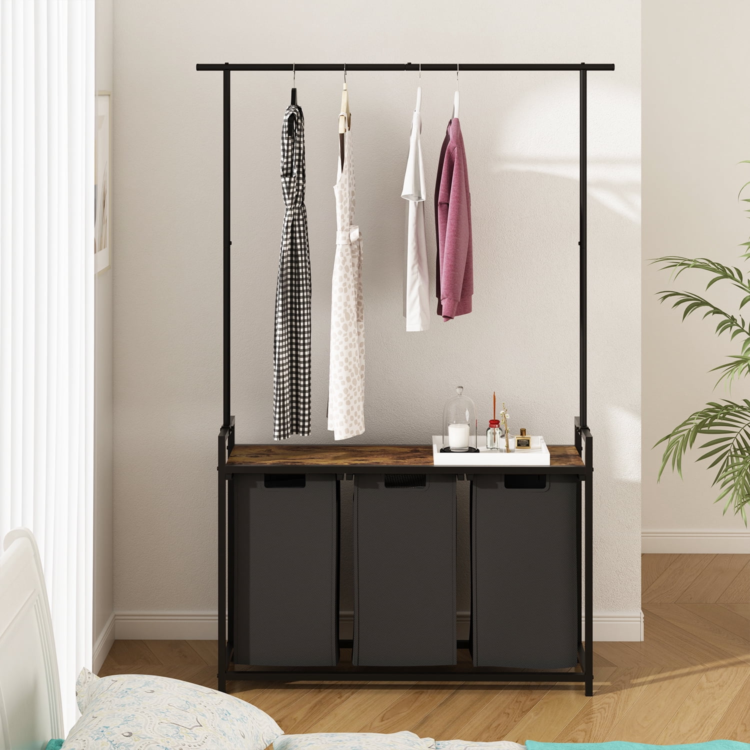 LENLN Large Laundry Hamper with Clothes Rack Hanging Bar, 3 Section Pull-Out & Removable Sorter Bags, Freestanding Laundry Basket Organizer for Bathroom
