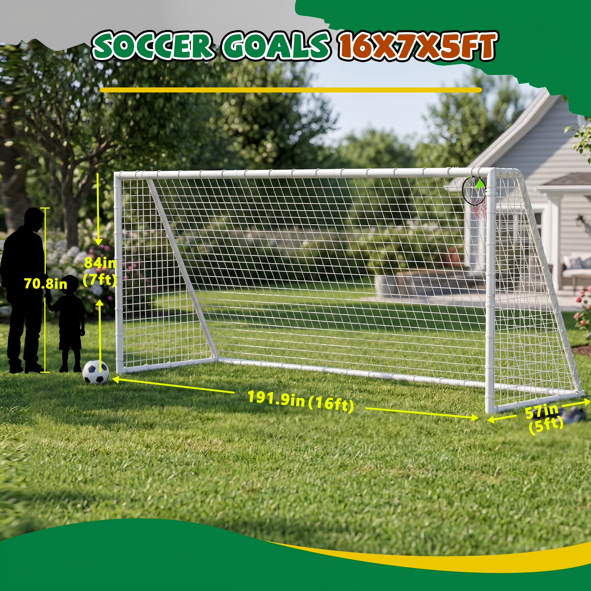 Mersco 16x7 / 12x6 / 8x6 FT Soccer Goal for Backyard,Heavy-Duty Metal Soccer Net with Meta - detail 4