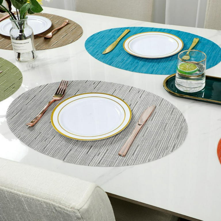 Solid Color Bamboo Pattern PVC Placemat Teslin Oval Western Placemat for Dining Table Mats Heat Resistant Waterproof Kitchen Table Placemat, 18 x 13