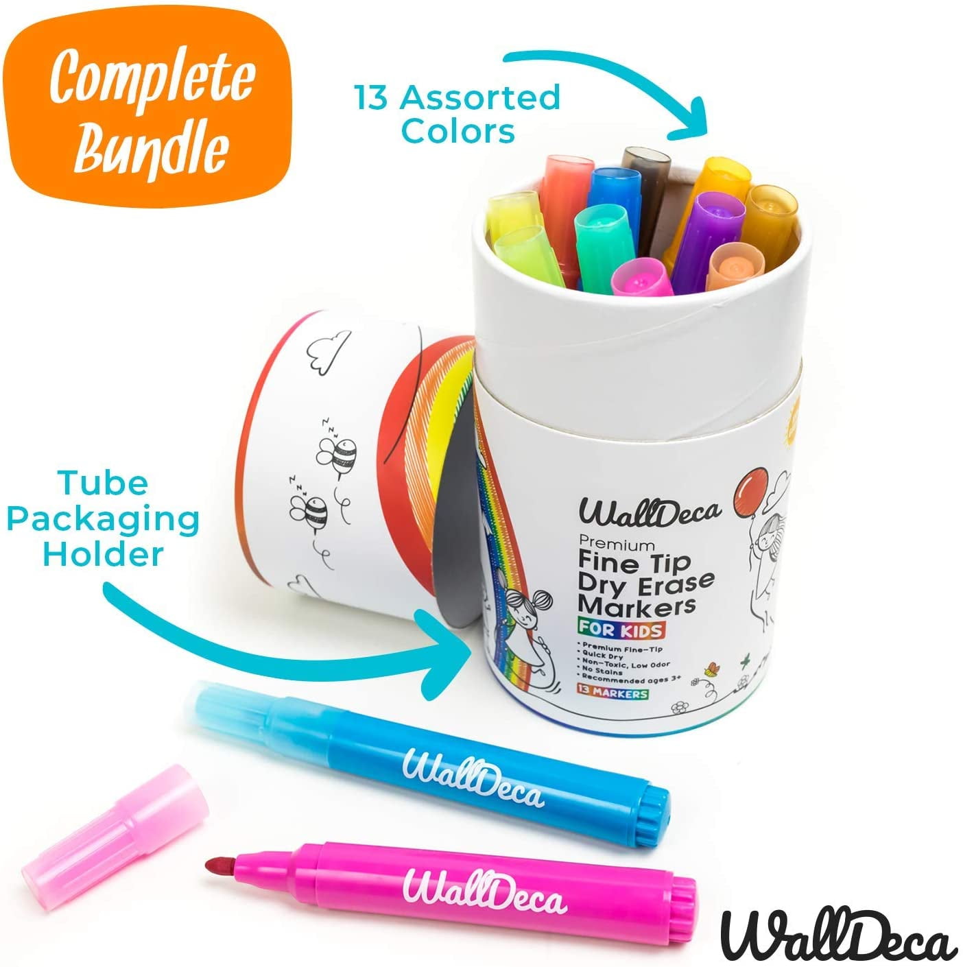 WallDeca Dry Erase Toddler Markers, 13 Colorful Dry Erase Markers,  Non-Toxic Dry Erase Markers for Kids 5+, Mess Free, Easy Clean Up, Won't  Stain