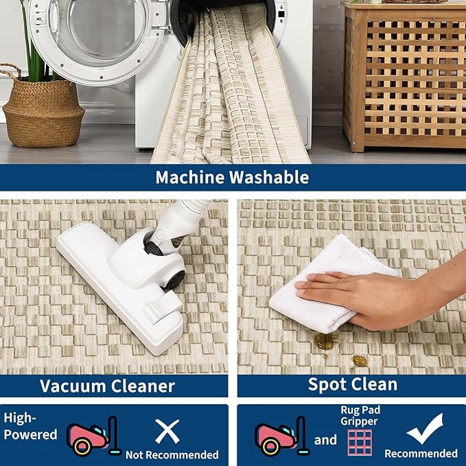 Washable Kitchen Runner Rug 2x8, Beige Runners for Hallway, Non Slip Boho Soft Bathroom Stain Resistant Throw Mat Bordered Carpet Runner for Laundry Entryway Bedroom 2'x8' Beige