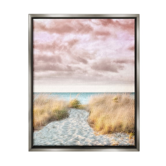 Stupell Industries Beach Path with Pink Sky Landscape Photography Gray Floater Framed Canvas Art Print Wall Art, 25 x 31