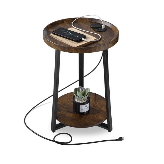 VEVOR End Table, 2-Tier Round Side Table with Open Storage Shelves, Modern Nightstand Bedside Desk with USB & AC Charging Port, Wood Sofa Coffee Desk for Living Room, Bedroom, Office, Dorm, Brown