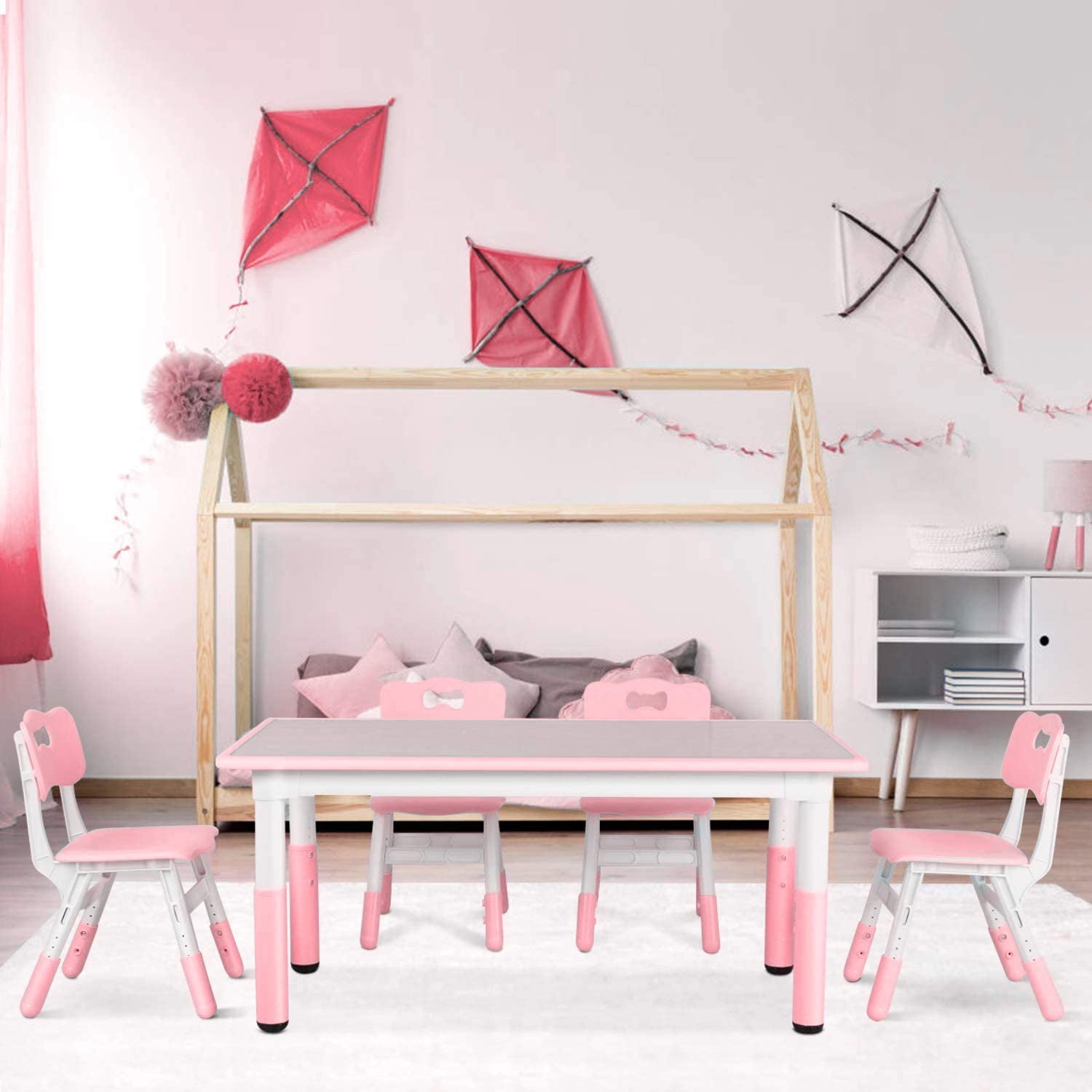OKVAC Kids Table & Chairs Set 5 Pieces Height Adjustable Children Activity Table, Pink