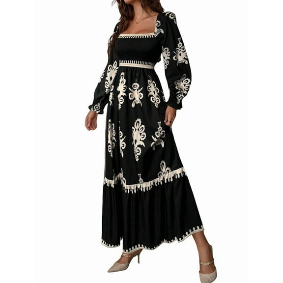 Women'S Autumn Wedding Guest Dress Bohemian Floral Long Sleeve V-Neck Flowing Elegant Maxi Dress Beachwear Black L
