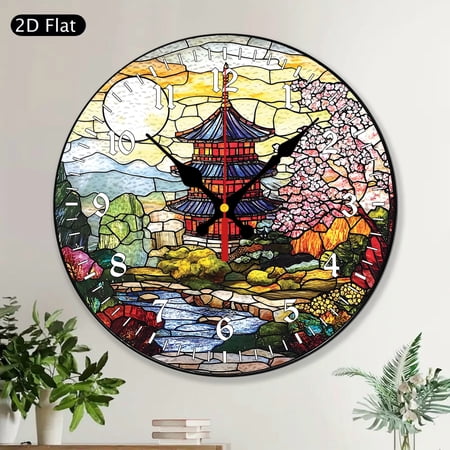 Japanese Pagoda Faux Stained Glass Style Round MDF Wood Wall Clock, Decorative Japanese Art Home Decor, Christmas Birthday Housewarming Gift