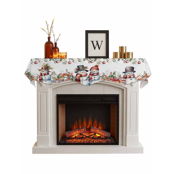 Christmas Snowman Fireplace Mantle Scarf, Xmas Balls Poinsettia Botanical Mantel Cover Table Runner for Home Living Room Door Window, Indoor Outdoor Holiday Party Decor 17" x 70"
