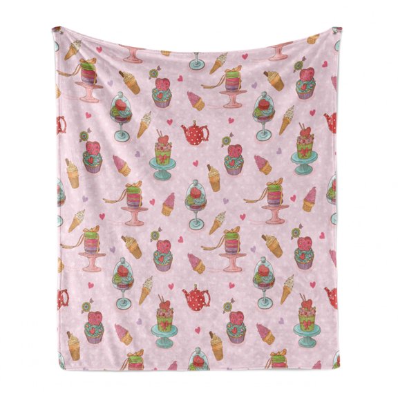 Ice Cream Soft Flannel Fleece Blanket, Retro Style Cupcakes Teapots Candies Cookies on Polka Dots Vintage Kitchen Print, Cozy Plush for Indoor and Outdoor Use, 50" x 70", Multicolor, by Ambesonne