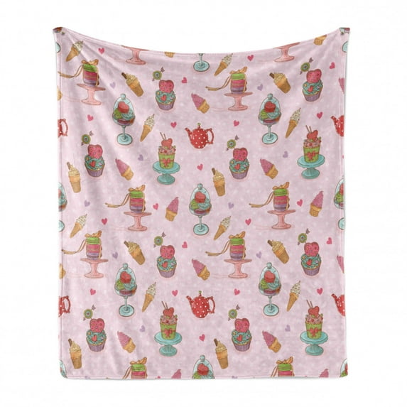 Ice Cream Soft Flannel Fleece Blanket, Retro Style Cupcakes Teapots Candies Cookies on Polka Dots Vintage Kitchen Print, Cozy Plush for Indoor and Outdoor Use, 60" x 80", Multicolor, by Ambesonne