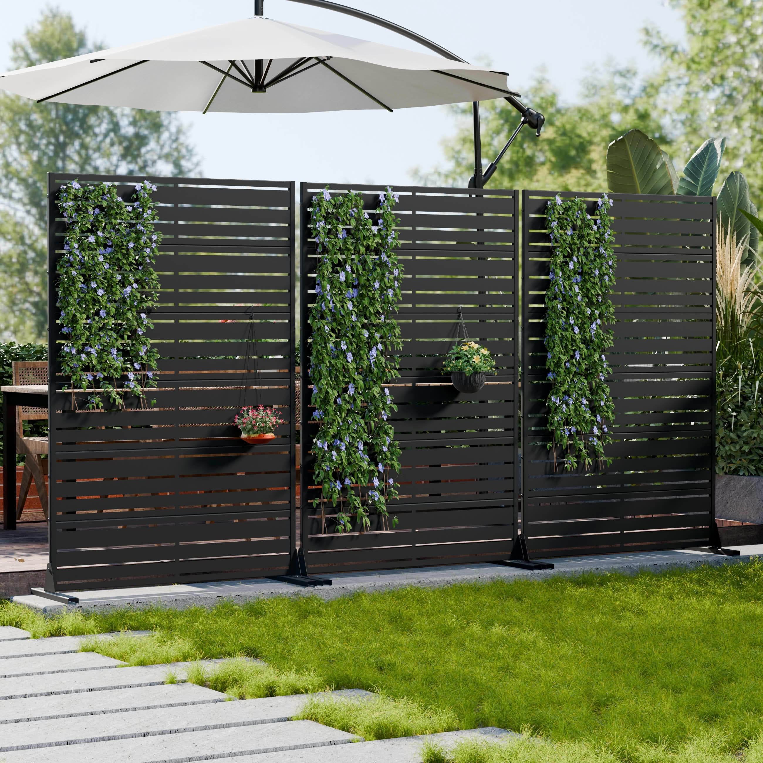 MAYEERTY 2-Piece 72"x47" Privacy Screen, Black 6-Panel Galvanized Steel Louvered Fence, Wide-1 Narrow-2, Freestanding for Patio Backyard