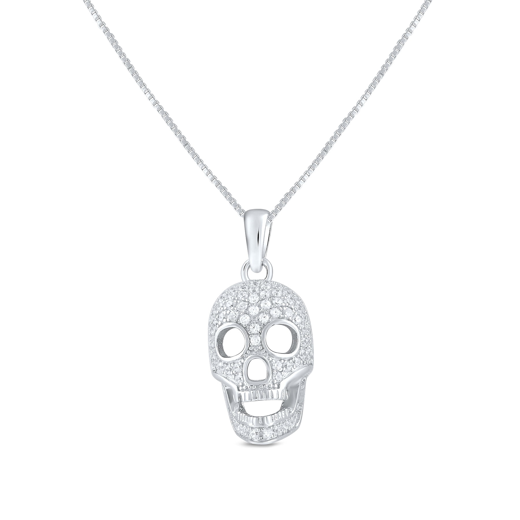 Silver Close Out Sterling Silver Cz Skull Charm Necklace 18