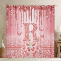Manfei Kawaii Bowknot Alphabet R Blackout Curtains Set of 2 (52x84 Each) for Female Women Teens,Bling Glitter Splash Window Curtains,Flying Butterfly Curtains and Drapes,Dreamy Princess Decor