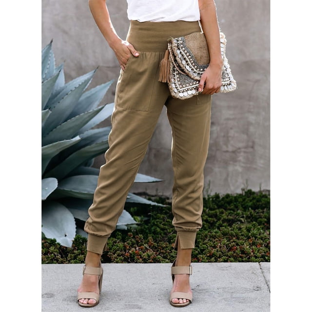 Split Hem Pants, Polyester Pocket Casual Pants Pure Color Washable For Women For Daily Life Work Khaki M