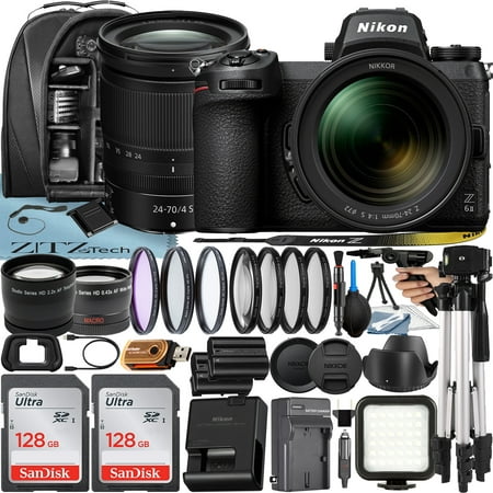 Nikon Z6 II Mirrorless Camera with NIKKOR Z 24-70mm f/4 S Lens + 2 Pack 128GB SanDisk Card + Case + Tripod + ZeeTech Accessory Bundle