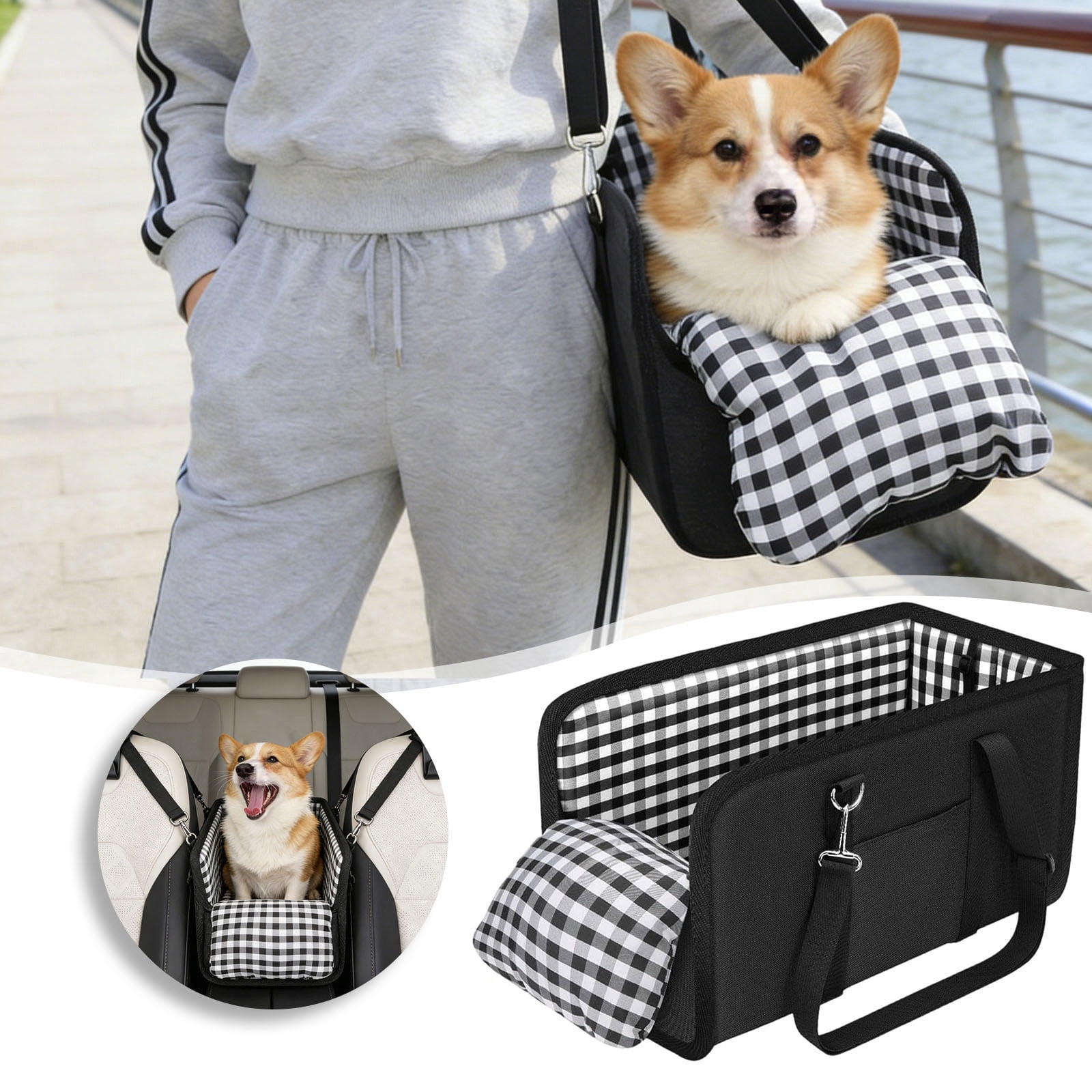 WXPGFL Console Dog Car Seat - Portable Dogs Armrest Booster Seat for Small Dog, Anti-Collapse Pet Car Seat with Soft Cushion Safety Belt, Support Pet Up to 11lbs (Black)
