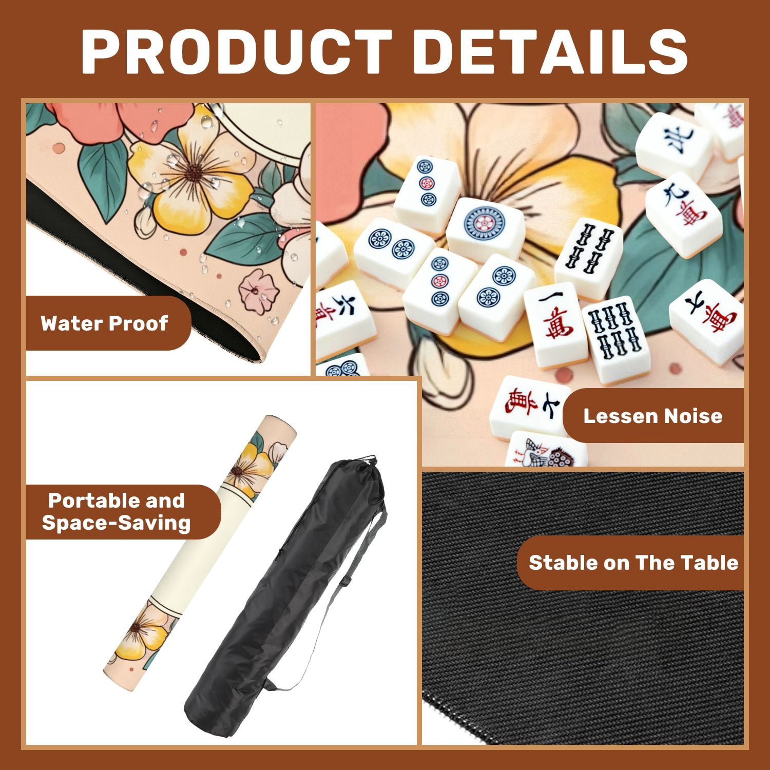 Mahjong Mat 31.5" x 31.5" Floral Wreath Colorful Pink Yellow White Flowers Pastel Non-Slip Noise Reduction American Mahjong Tiles Table Cover for Dominoes Poker Card Board Games Gift