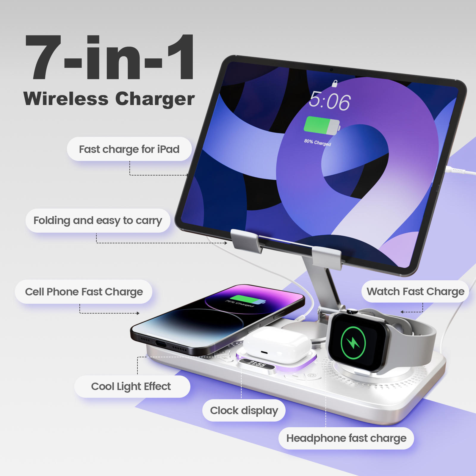 7 in 1 Wireless Charger for iPhone Airpods iWatch, Foldable Charging Station , Compatible with Apple 12 and above series, White