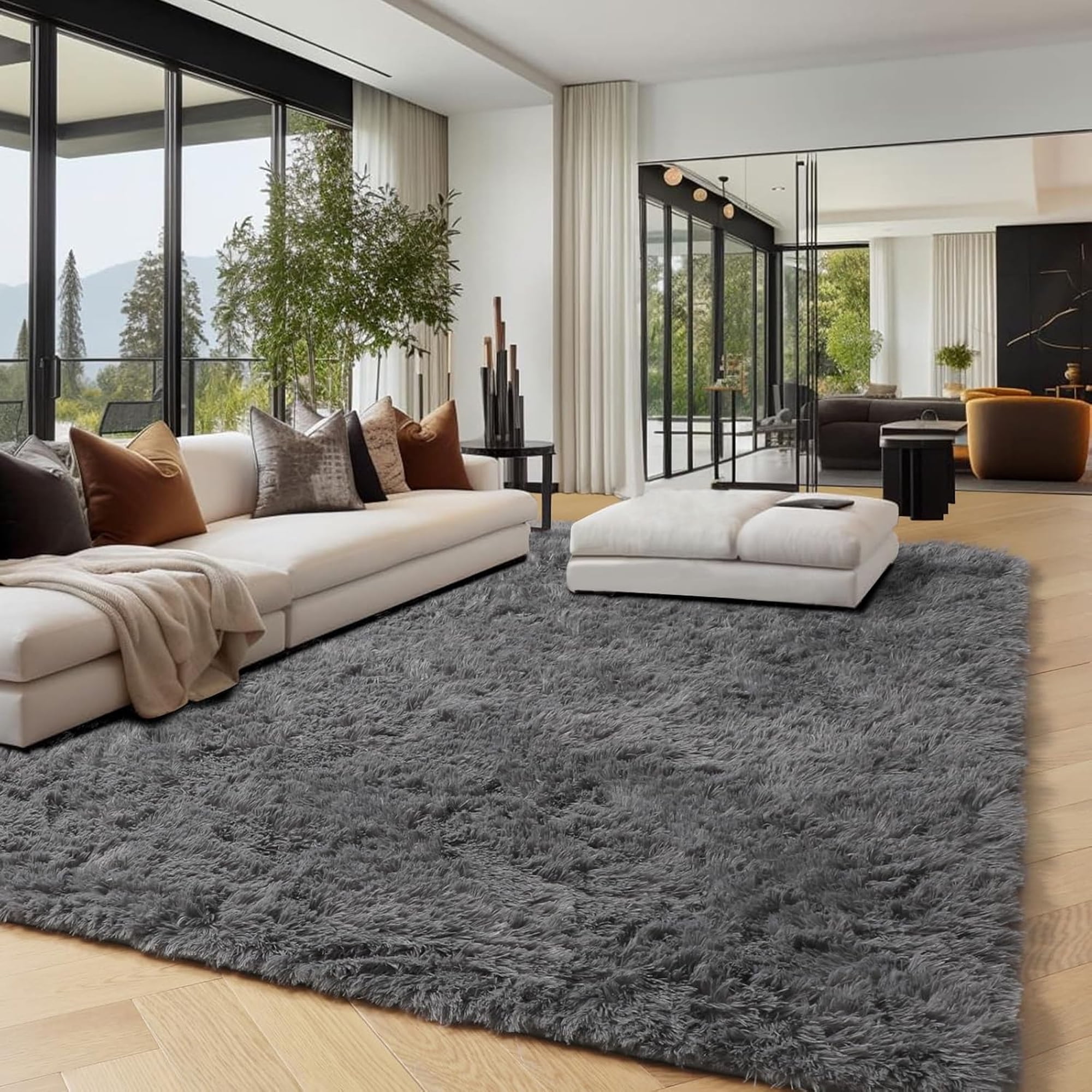 Rugs for Living Room, 8'x10' Soft Fluffy Area Rug for Bedroom, Plush Decorative Rug with Anti-Skid Backing, Indoor Home Carpet for Living Room, Dark Grey